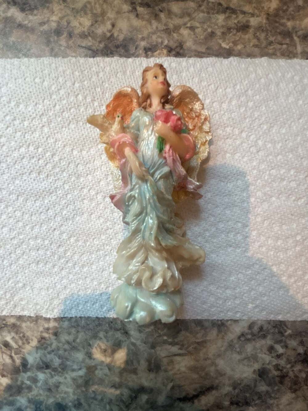 Vintage Resin Angel Figurine Holding Flowers and Dove 6 Inch